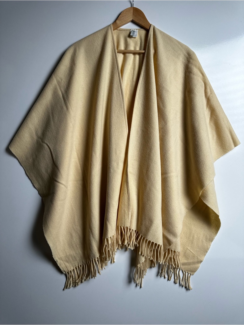Vintage Laura Ashley Pure Wool Fringe Poncho Cape Wrap Beige Cream Made In UK L